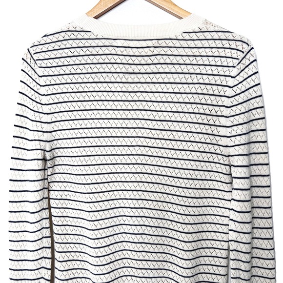 Tory Burch Sport Women Ivory Navy Blue Striped Pointelle Knit Crewneck Sweater M - Picture 5 of 8